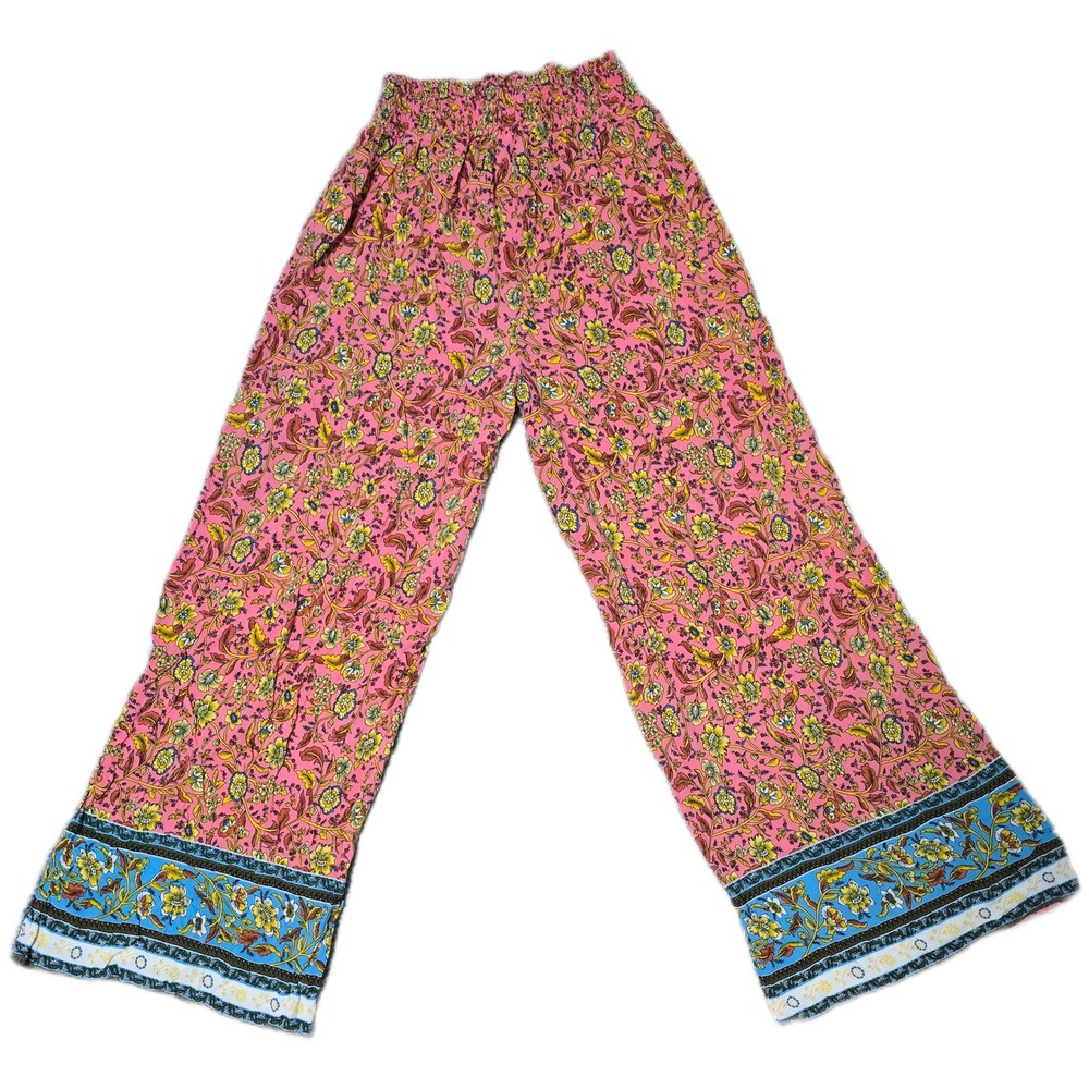Indigo Rising Floral Print Wide Leg Pants Pink Yellow Blue Womens MED Boho(E)